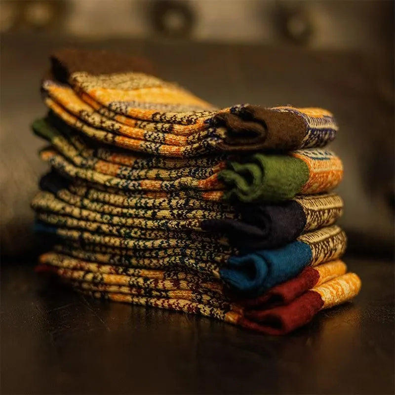 女性用、厚手、暖かい、中程度の長さのコットンソックス、秋冬用のレトロプリント