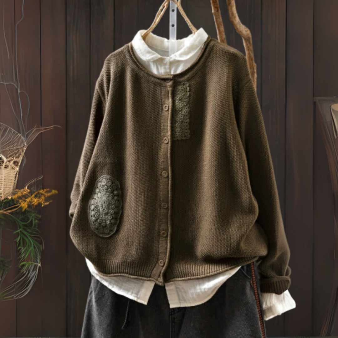 レトロな刺繍入り長袖カーディガン