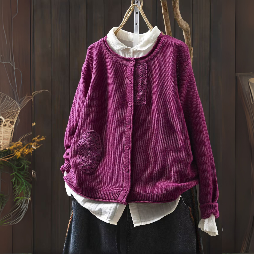 レトロな刺繍入り長袖カーディガン