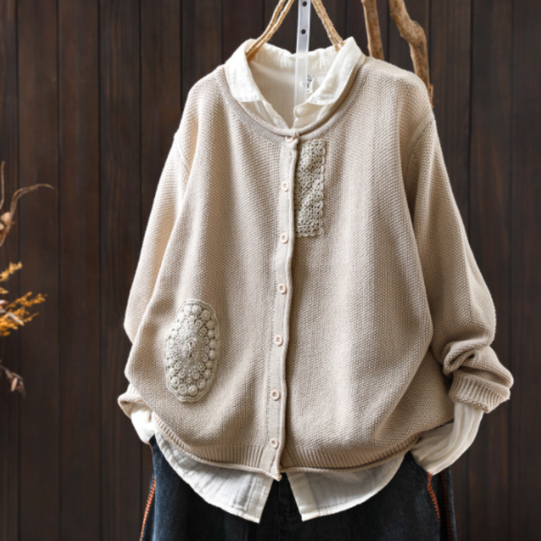 レトロな刺繍入り長袖カーディガン