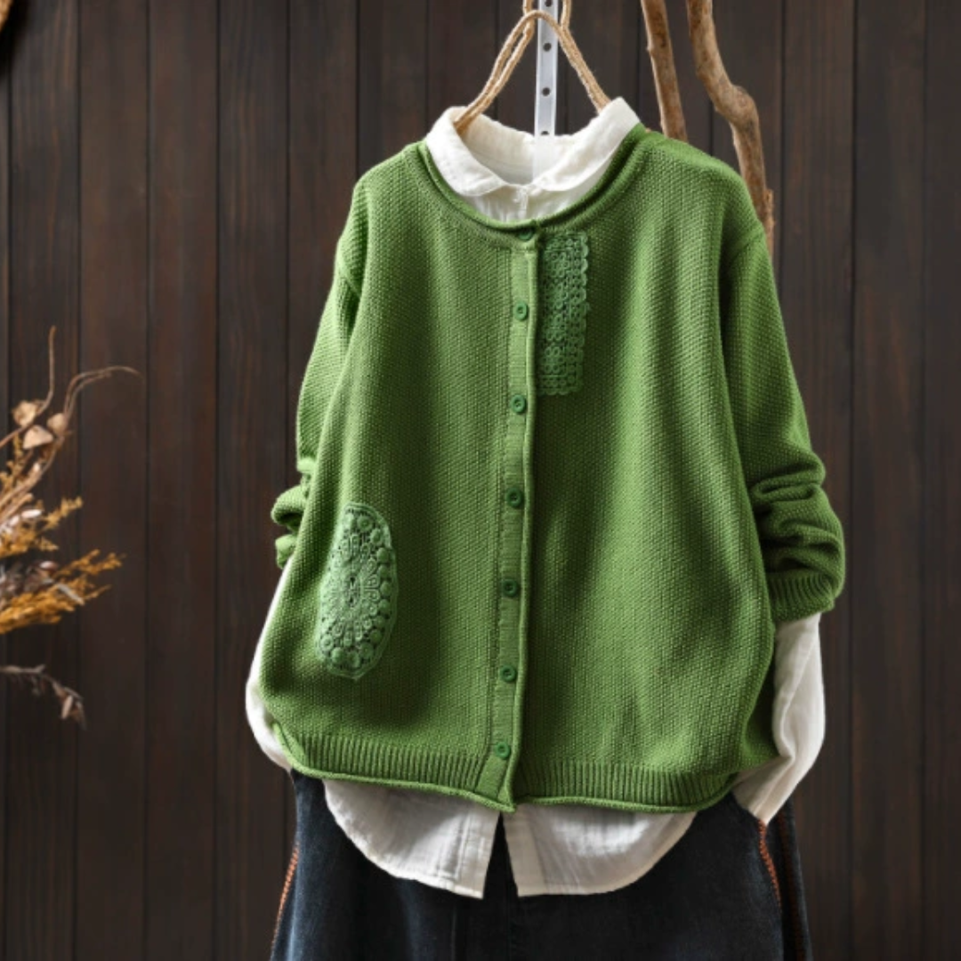 レトロな刺繍入り長袖カーディガン