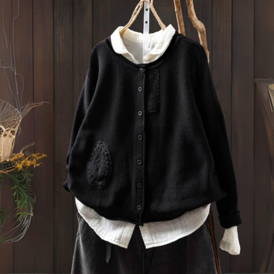 レトロな刺繍入り長袖カーディガン