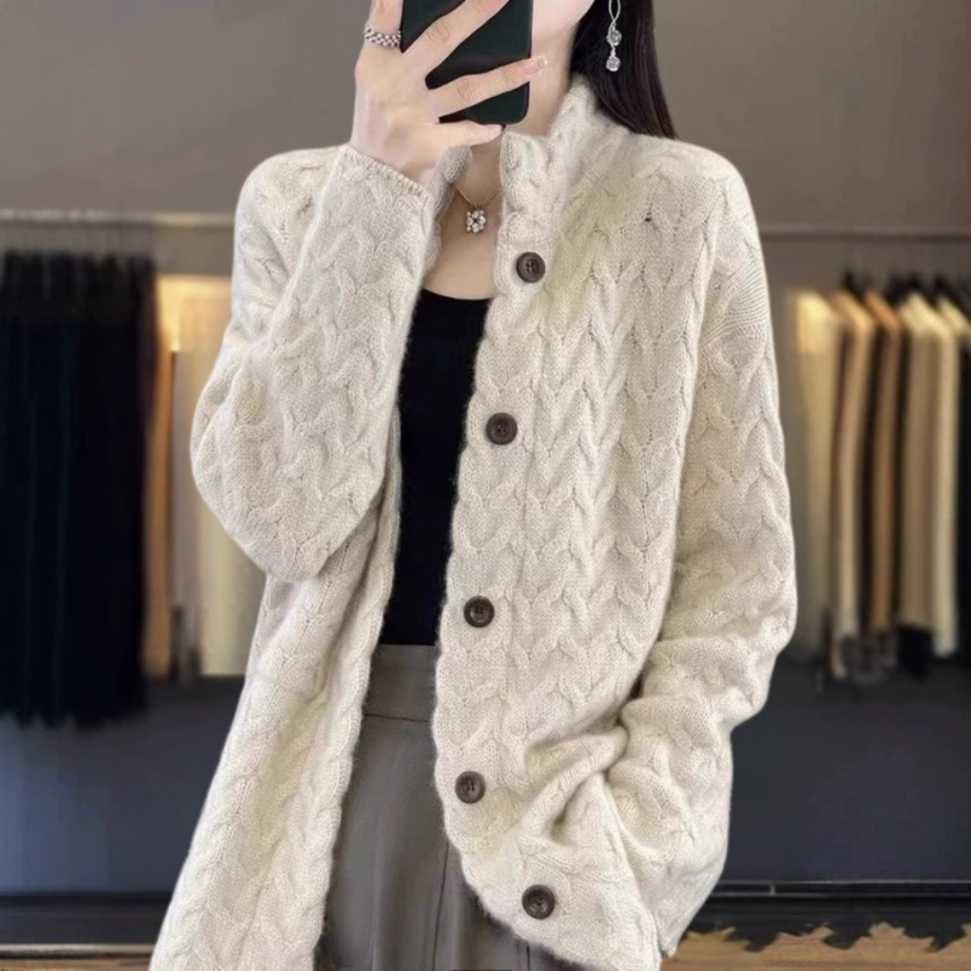 カシミア厚手ツイストカラー・カーディガン