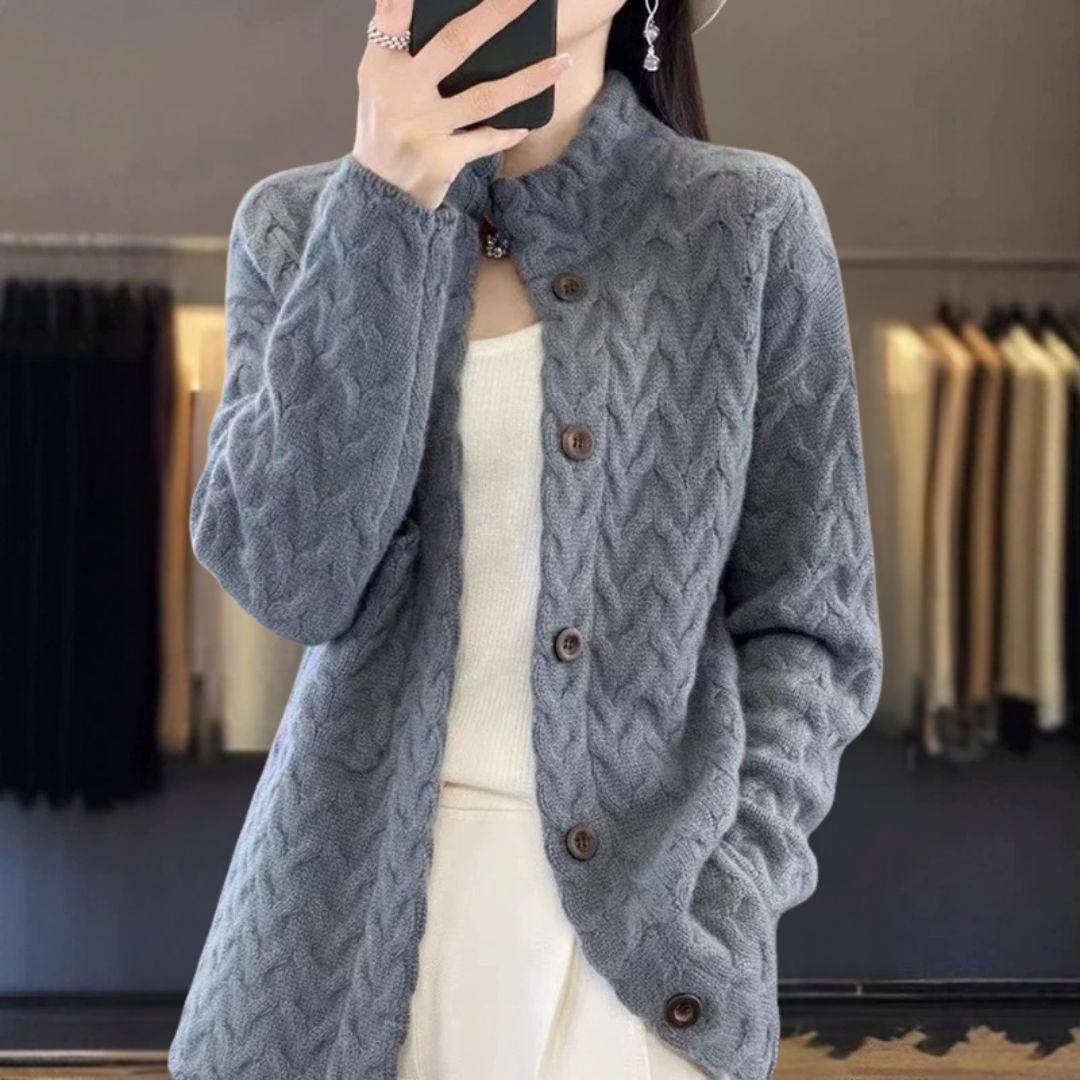 カシミア厚手ツイストカラー・カーディガン