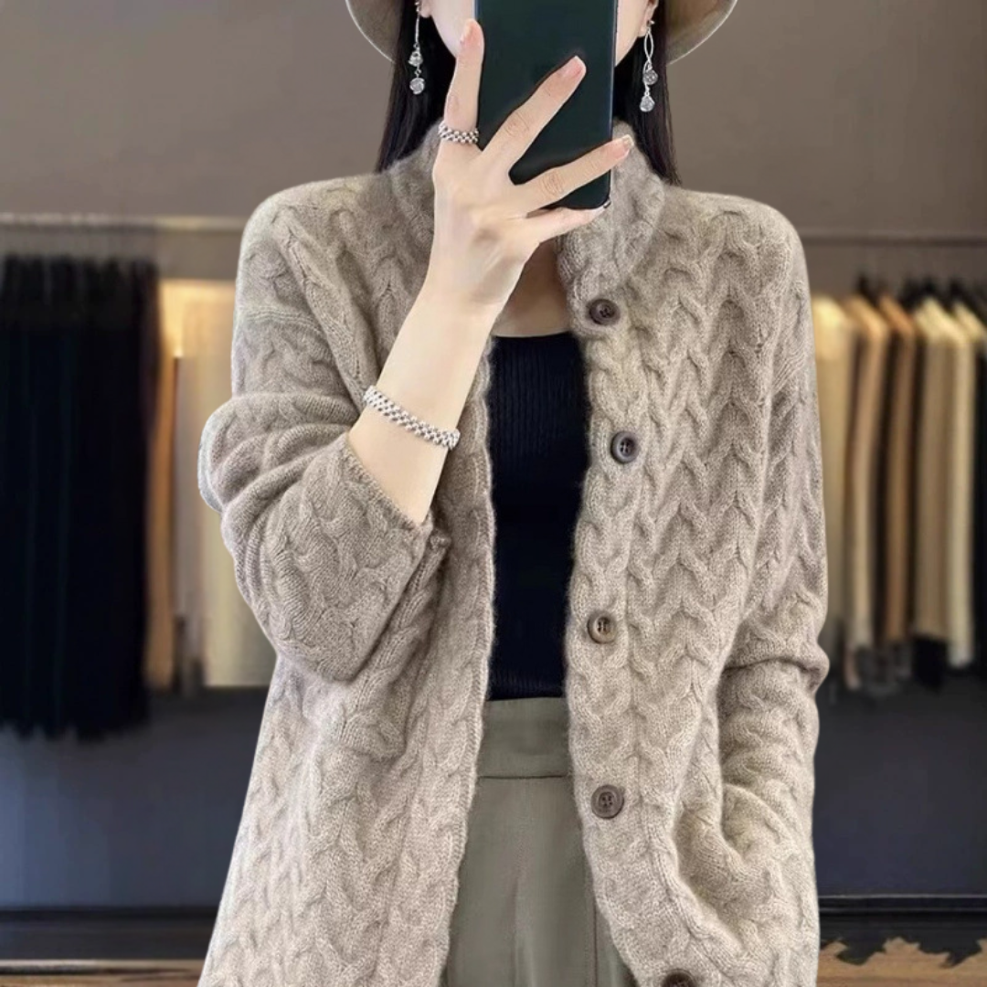 カシミア厚手ツイストカラー・カーディガン