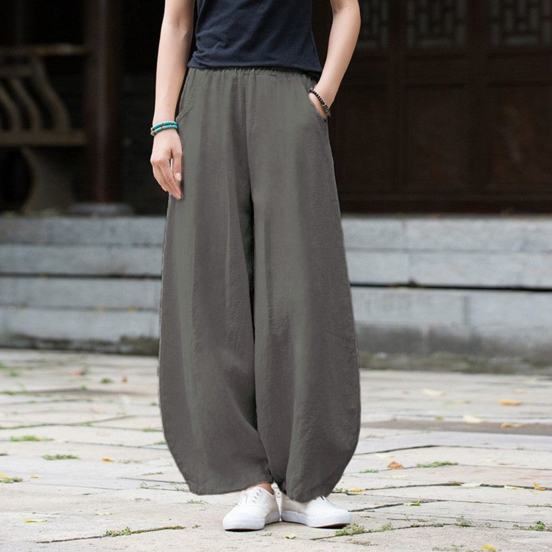 エレガントなプレーンリネンワイドレッグパンツ