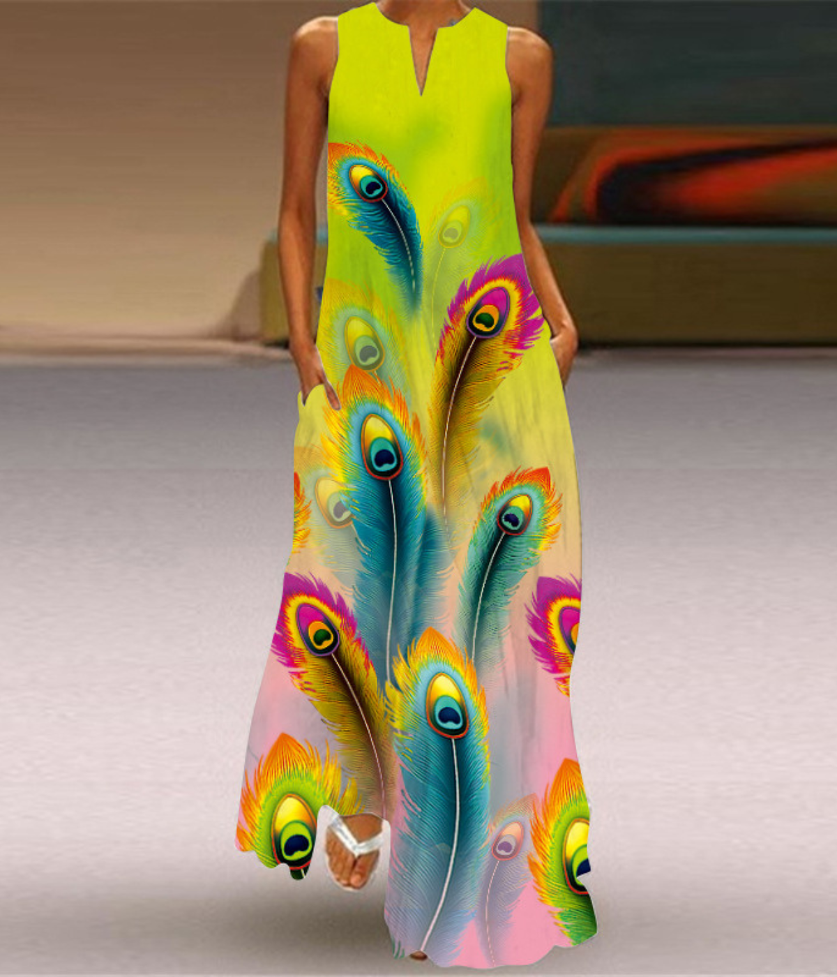 イエローフェザーVネックプリントドレス