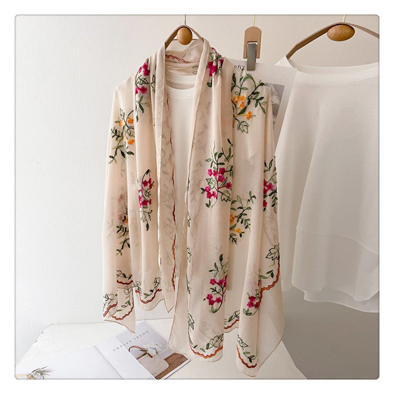 刺繍された花のコットンとリネンのスカーフ 日差しから守るスカーフ