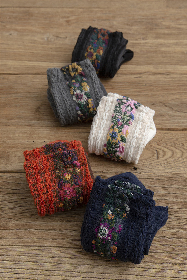 女性用、秋冬、厚手、刺繍花柄、暖かい、中くらいの長さ、コットンソックス