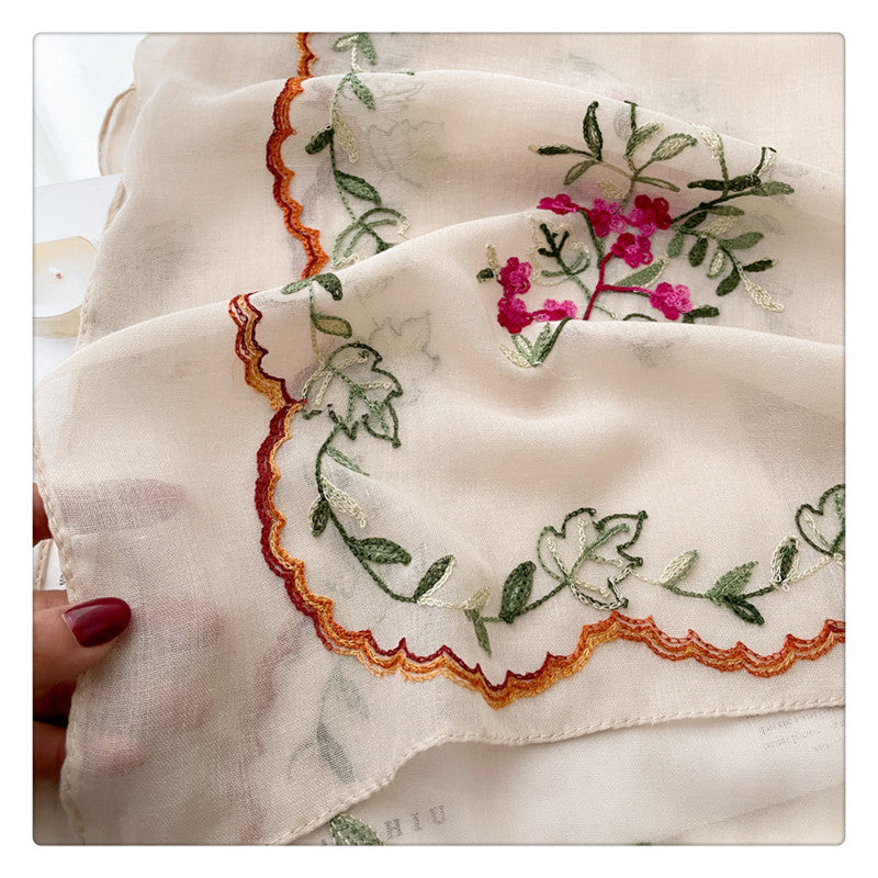 刺繍された花のコットンとリネンのスカーフ 日差しから守るスカーフ