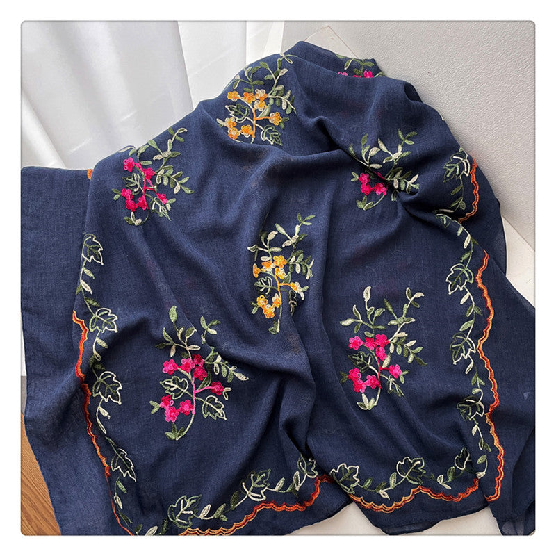 刺繍された花のコットンとリネンのスカーフ 日差しから守るスカーフ