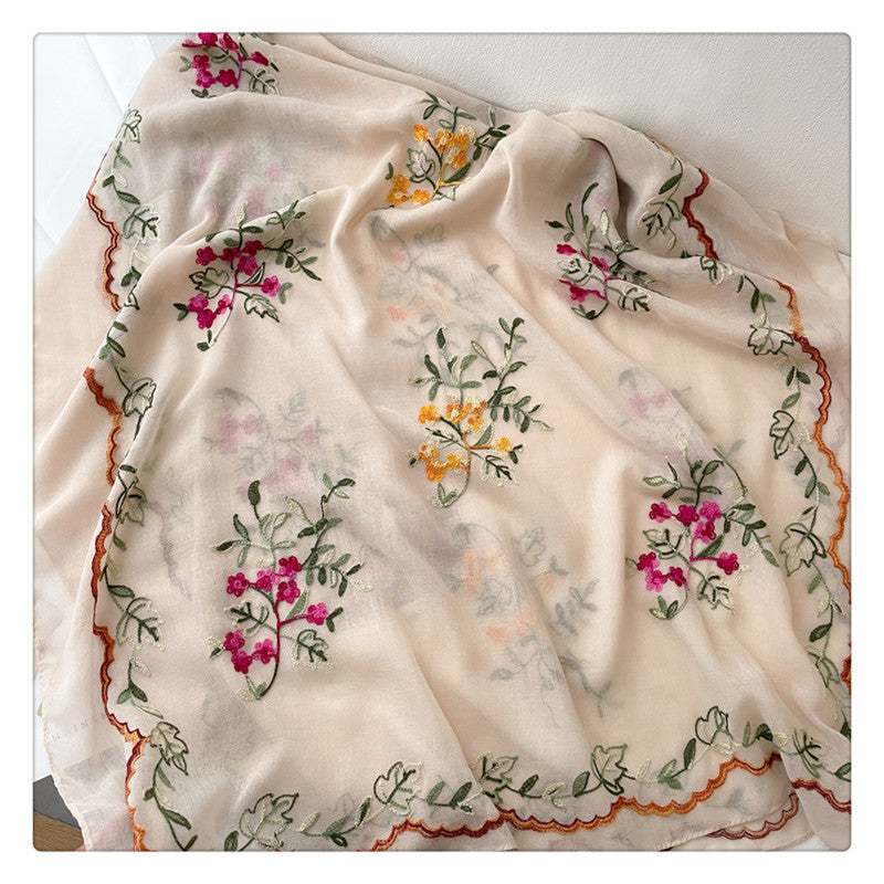 刺繍された花のコットンとリネンのスカーフ 日差しから守るスカーフ