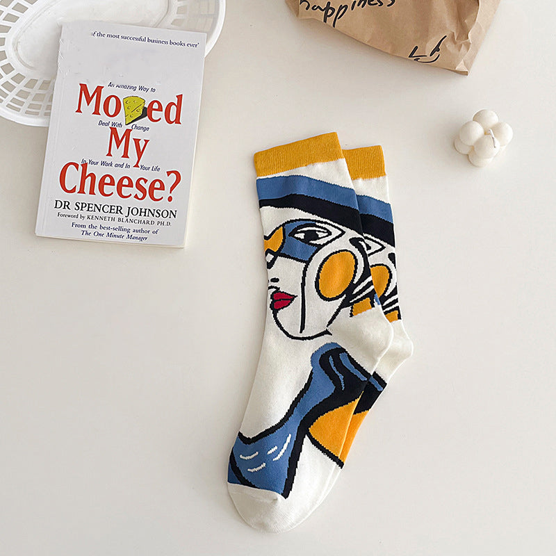 秋冬用のアニメプリント付きの女性用厚手コットンミディアムソックス