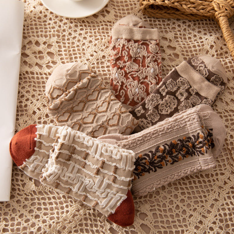女性用、厚手、暖かい、コットン製のミディアムレングスの靴下、秋冬用、レトロプリント