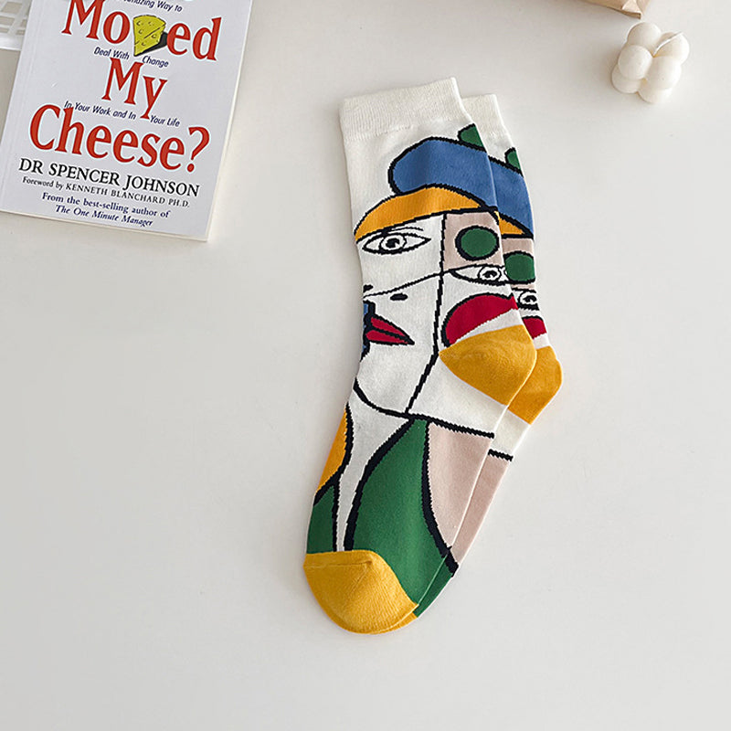 秋冬用のアニメプリント付きの女性用厚手コットンミディアムソックス