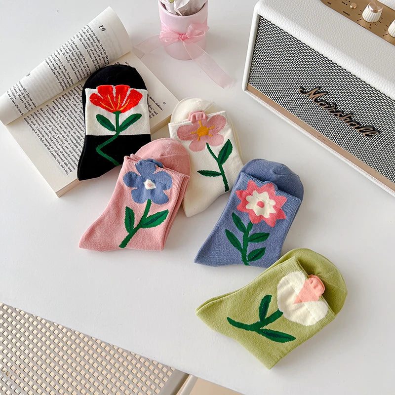 女性用、秋冬用、厚手、暖かい、綿製のミディアム丈のレトロプリントソックス