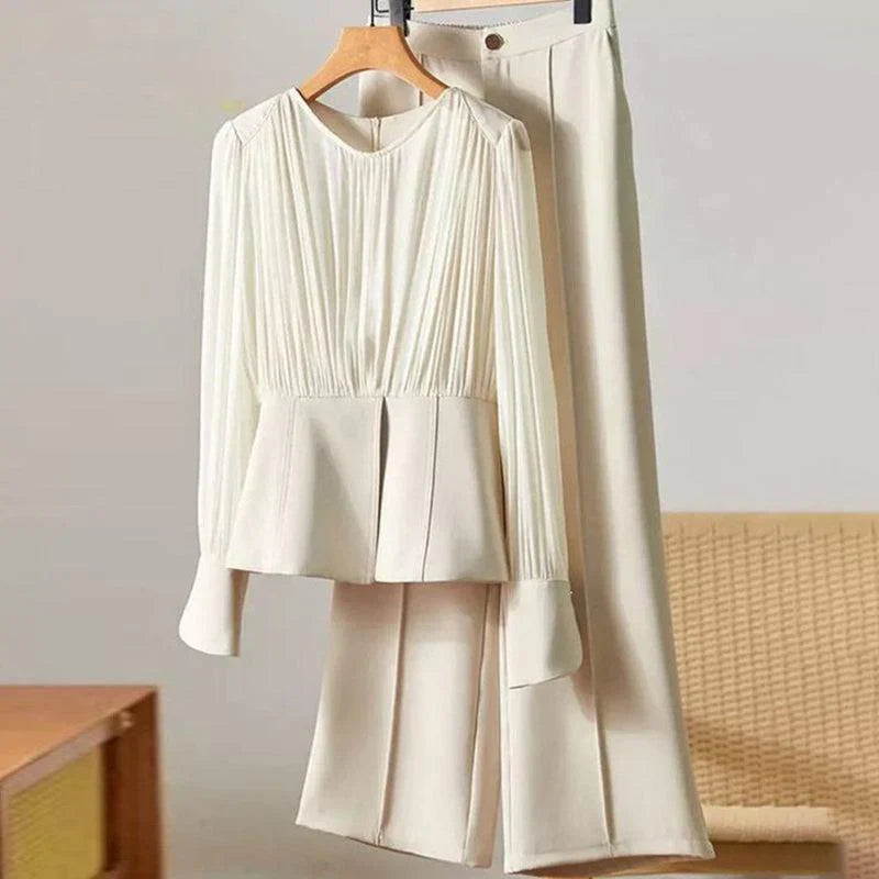 カジュアルホワイト無地長袖ツーピースセット