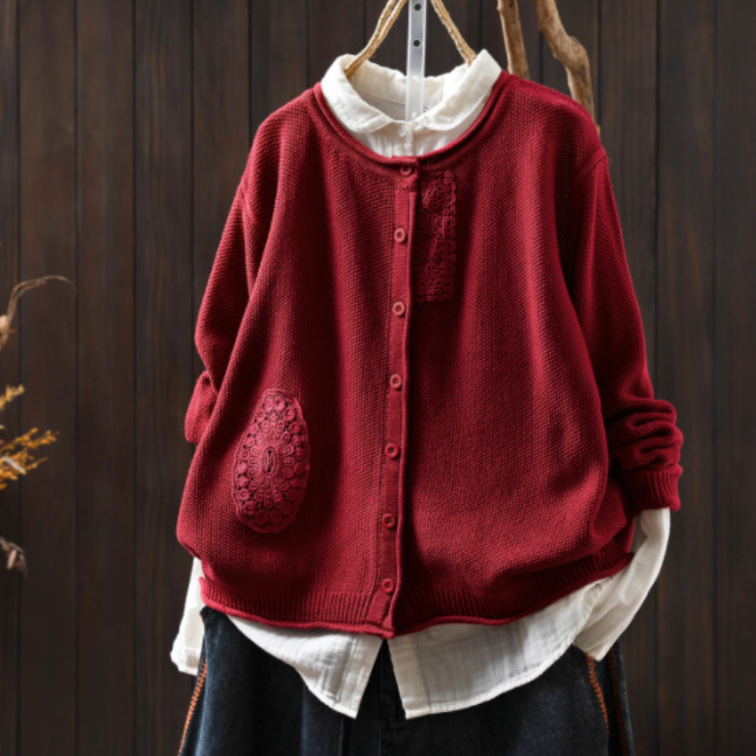 レトロな刺繍入り長袖カーディガン