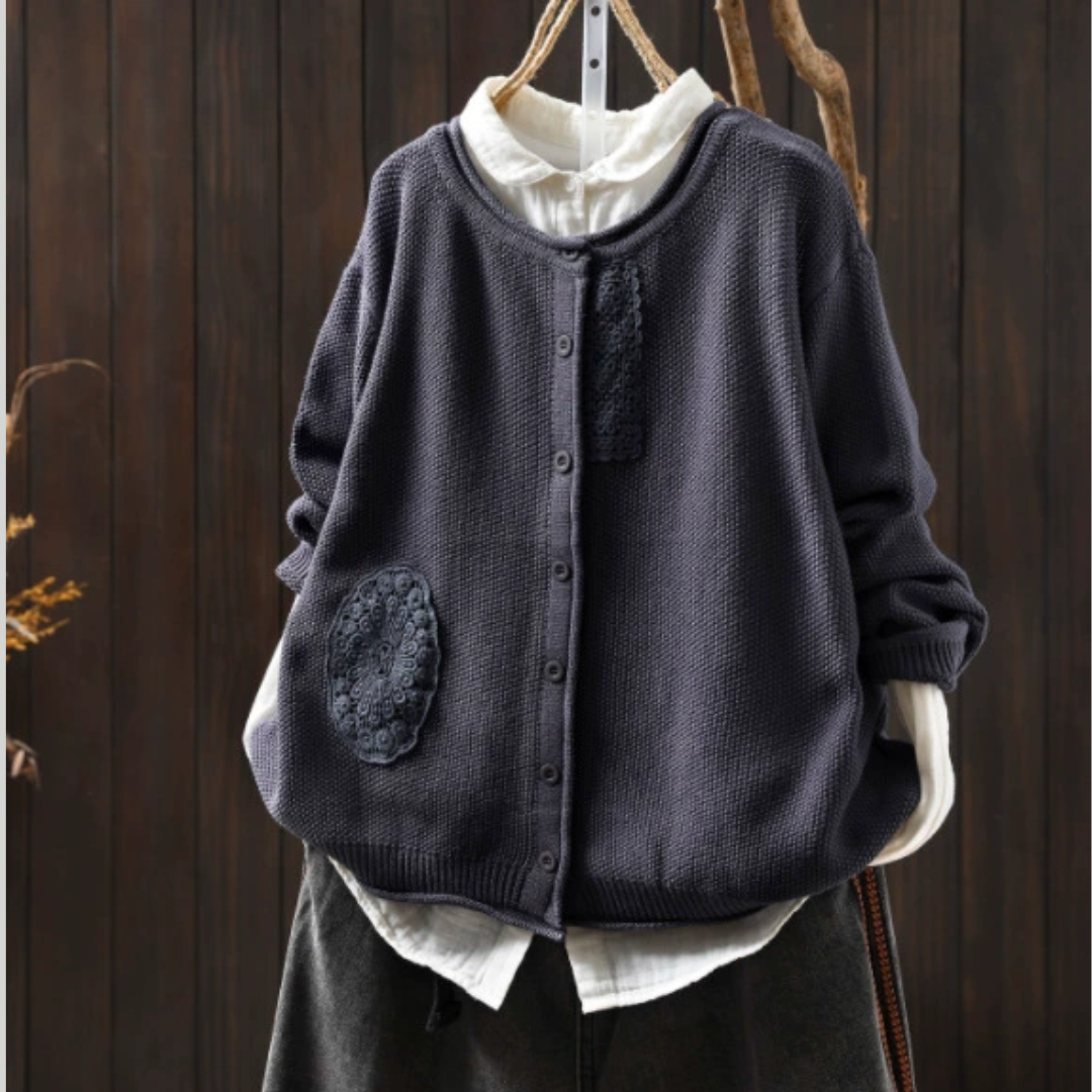 レトロな刺繍入り長袖カーディガン