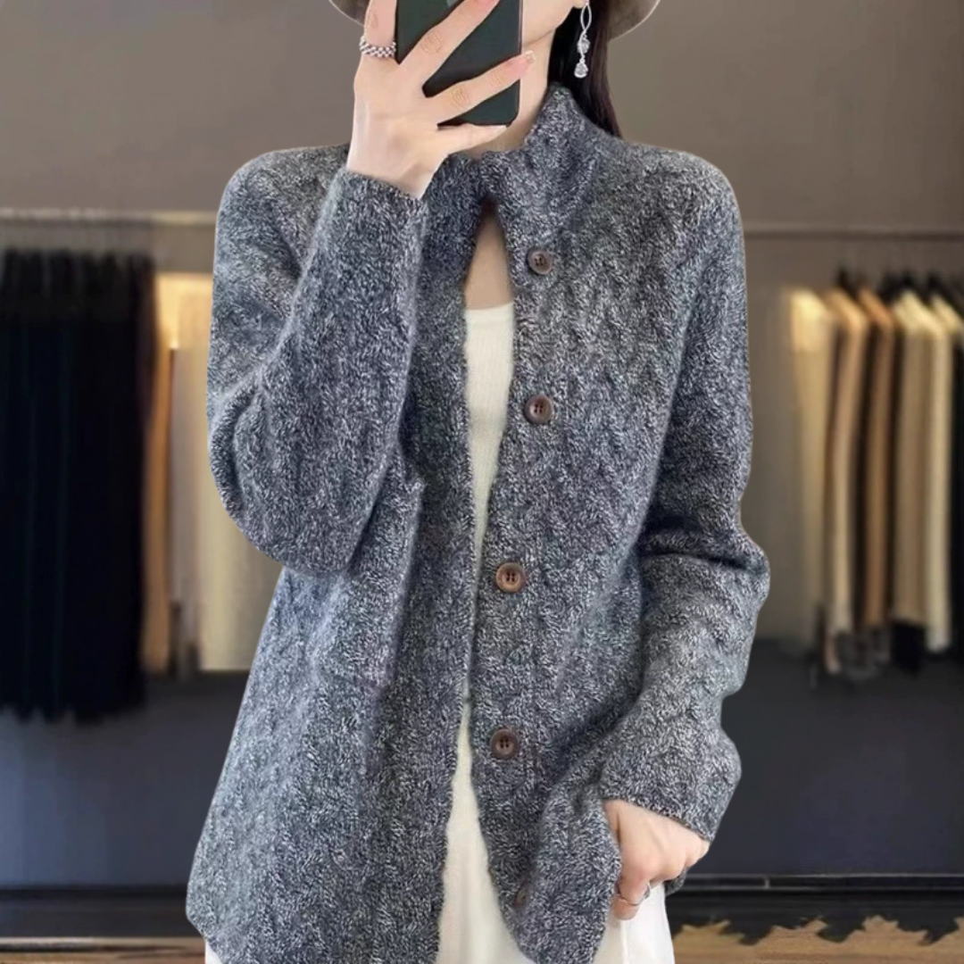 カシミア厚手ツイストカラー・カーディガン