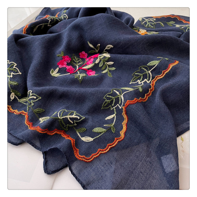 刺繍された花のコットンとリネンのスカーフ 日差しから守るスカーフ