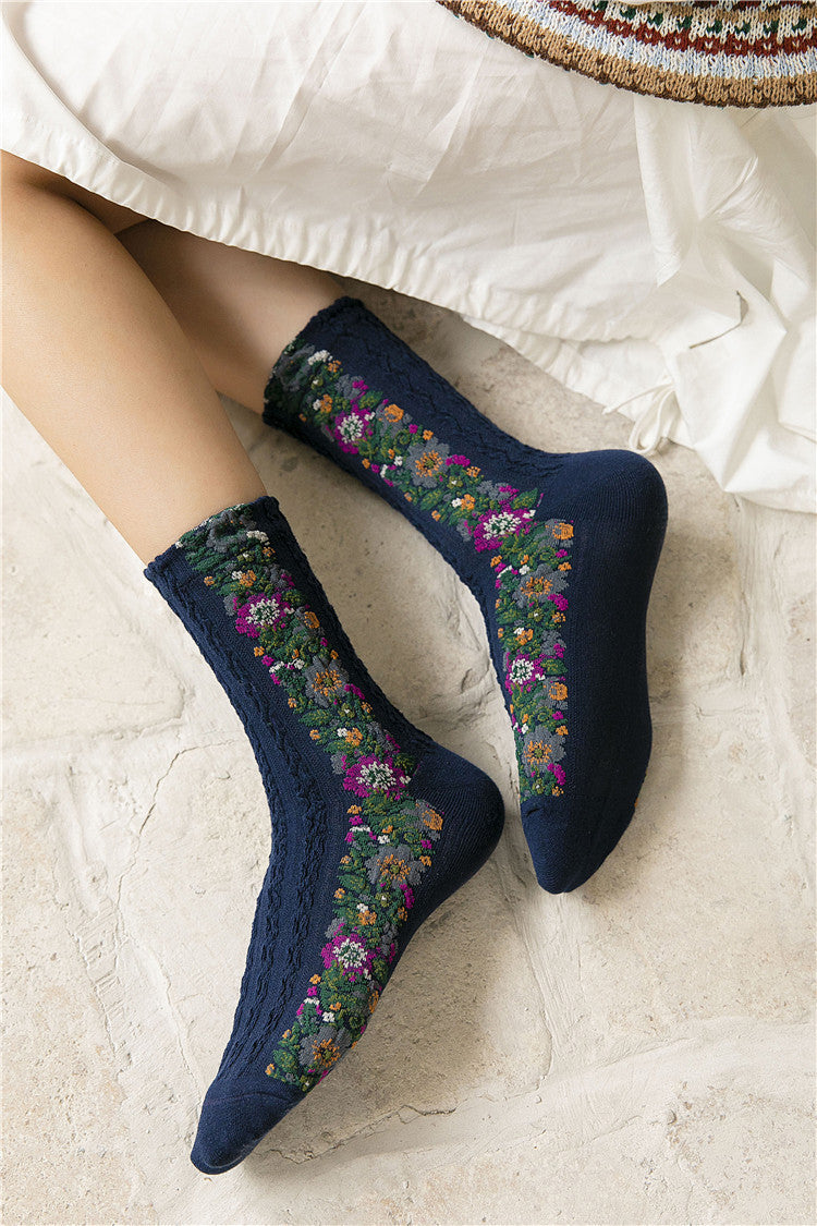 女性用、秋冬、厚手、刺繍花柄、暖かい、中くらいの長さ、コットンソックス
